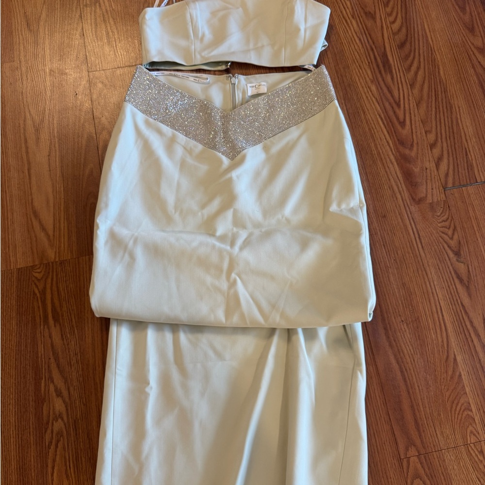 Elegant mint green 2pc set with rhinestone detail